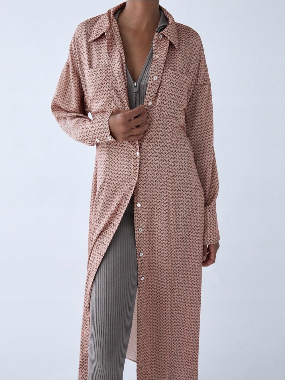 Long Button-Front Printed Dress in Dusty Rose